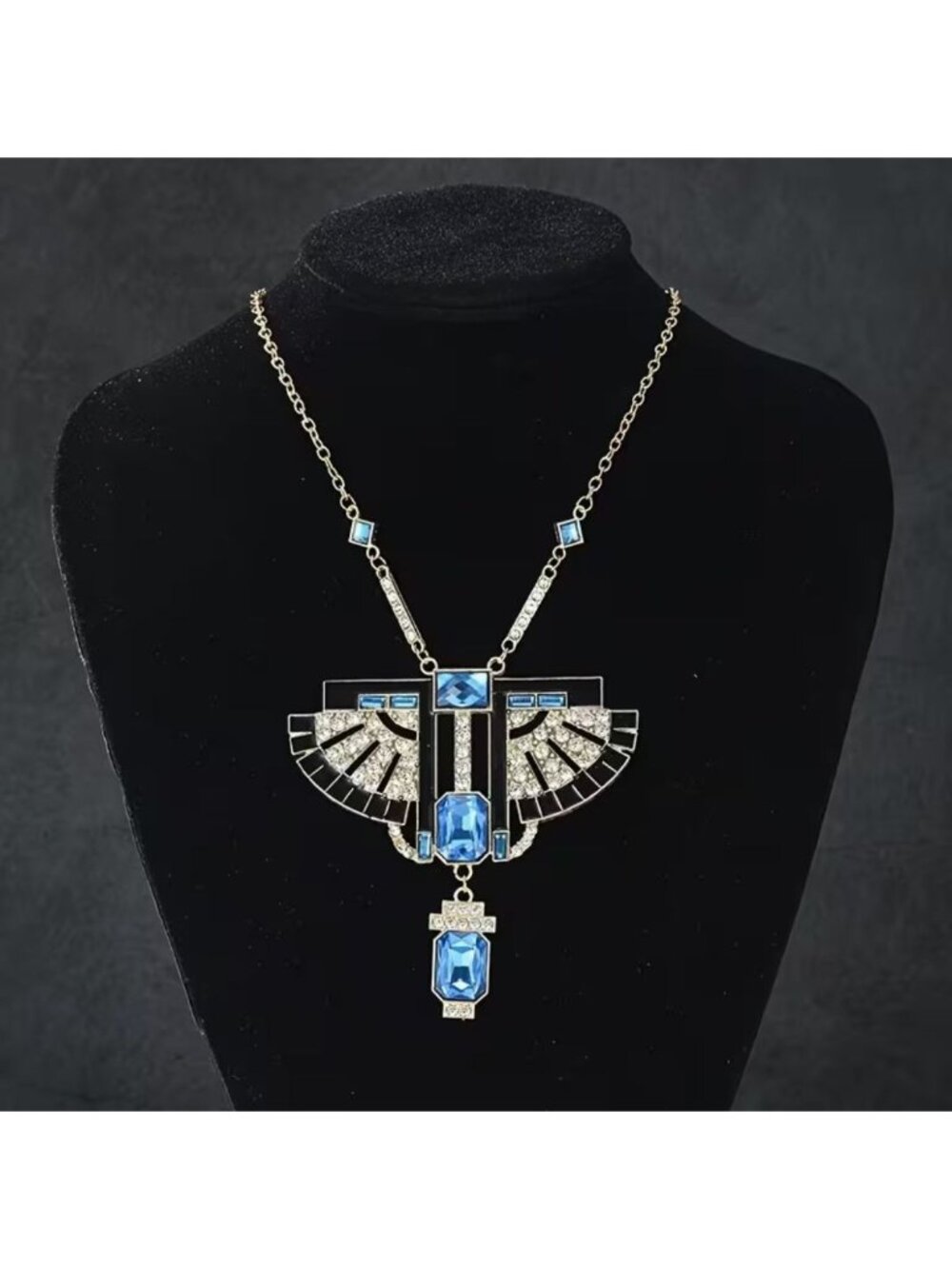 Art Deco Style Blue Glass & Crystal Pendant Necklace Gold Tone Egyptian Revival